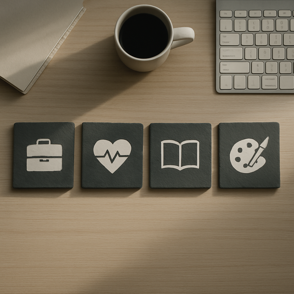 Four slate tiles arranged on a desk representing the four pillars