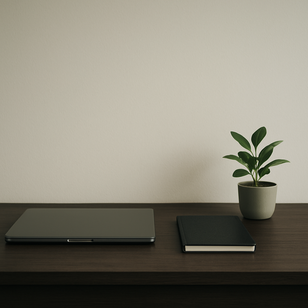 A meticulously organized minimalist workspace with a laptop in soft morning light